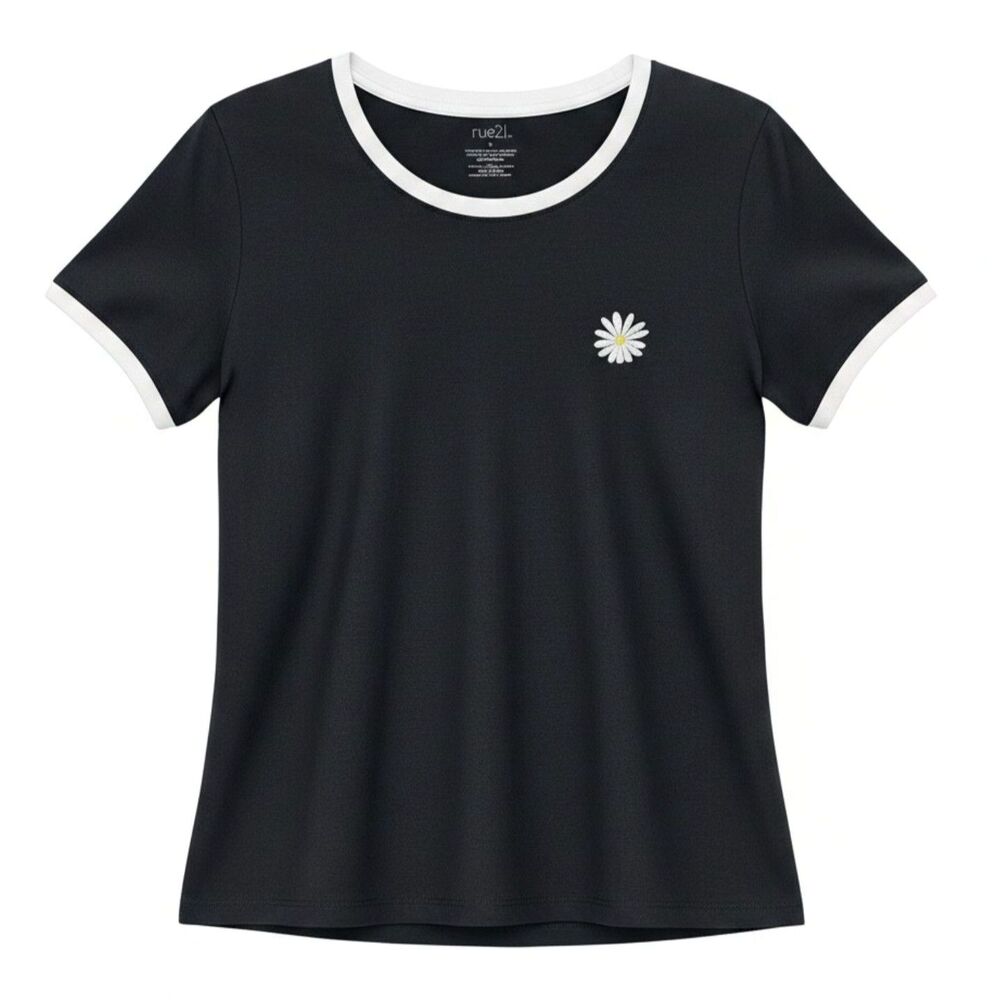 Rue21 Ringer Tee Womens M Black White Daisy Embroidered Y2K Baby Tee
